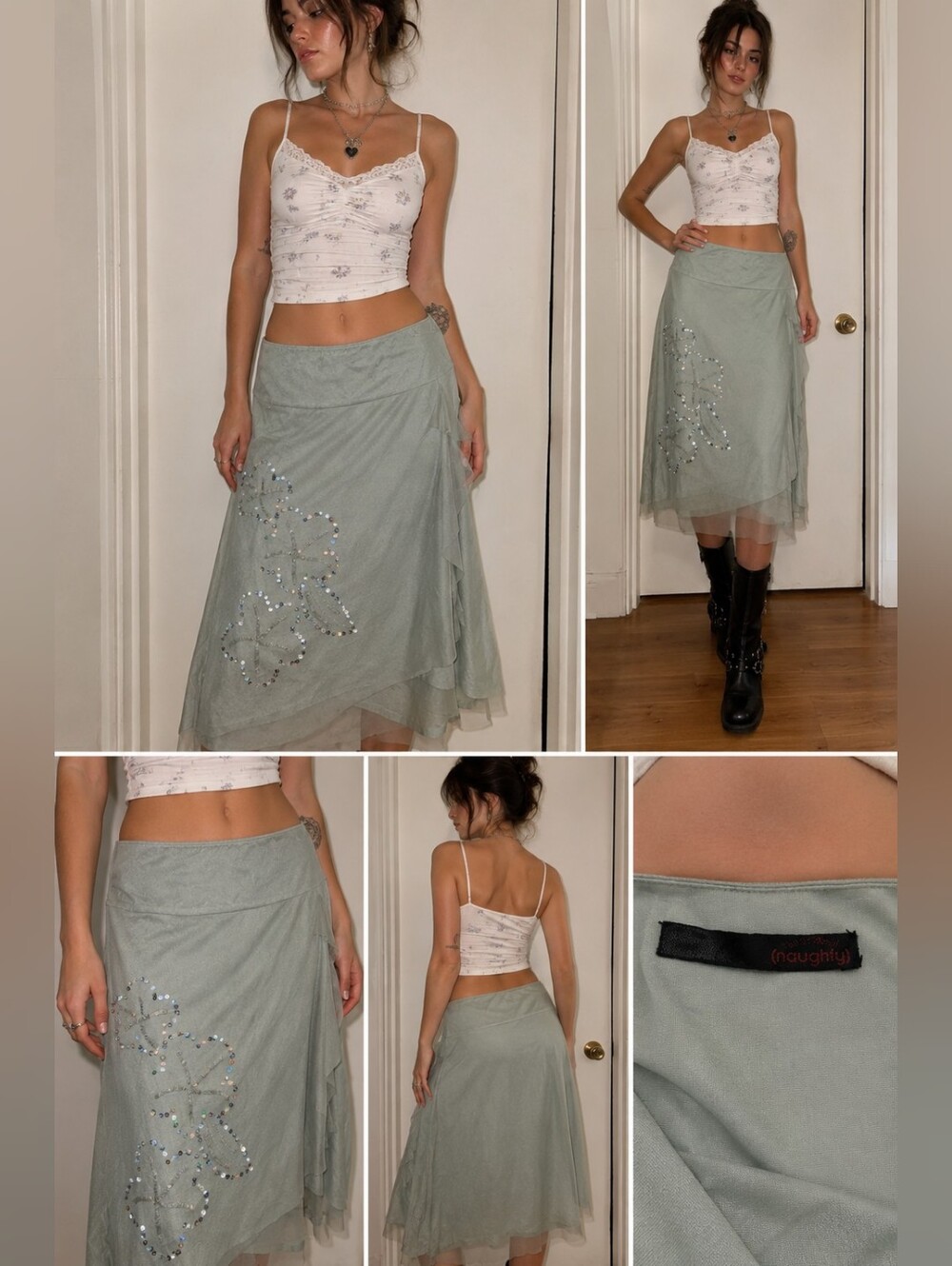 Embellished Sage Green High-Low Midi Skirt